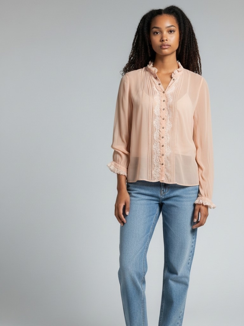 Elie Tahari Blush Pink Ruffle-Trim Button Front Blouse